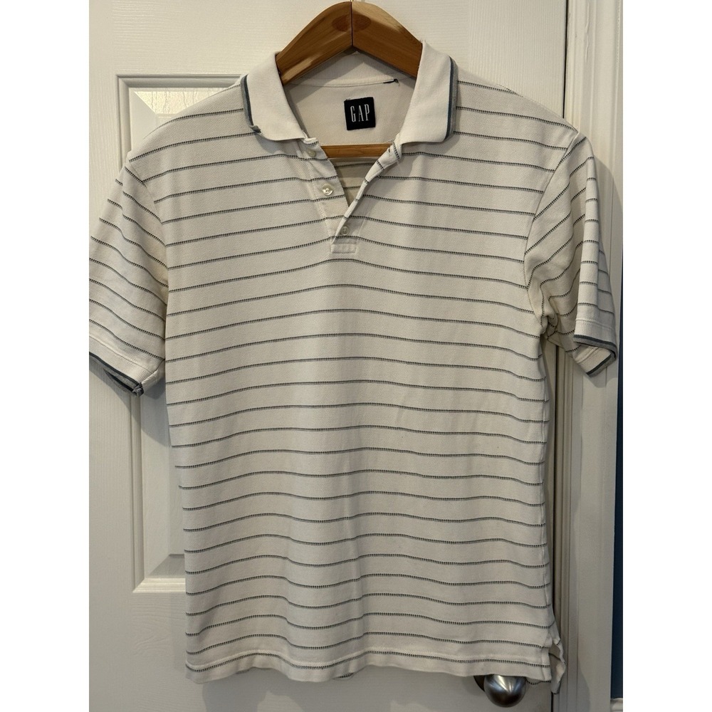 Vintage Gap Men's Striped Polo Shirt White Gray Preppy Academia Casual Comfy